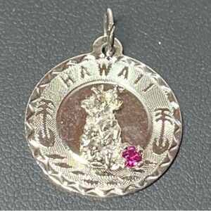 Sterling Silver Hawaii Pendant Charm. Vintage. Red stone.
